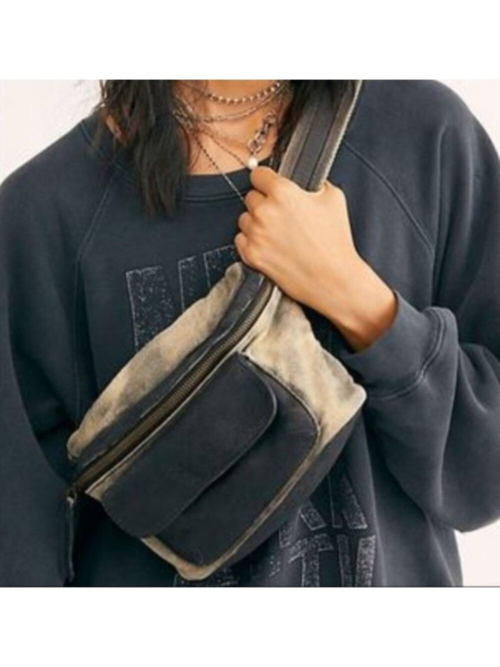 Free People Charlie Acid Wash Leather Sling Belt Bag Black Gray NWT